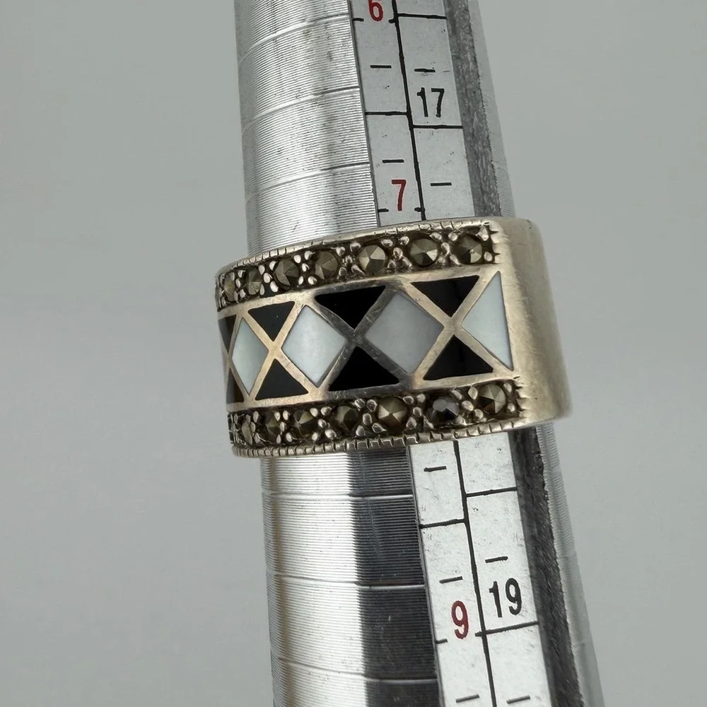 Vintage NF Sterling Silver Ring 8 Sterling Silver 925 Marcasite Onyx Thailand